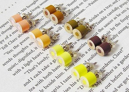 Colour Pencil Stud Earrings, Yellow Stud Earrings, Brown Stud Earrings, Wooden Pencil Ear Posts