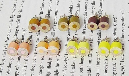 Colour Pencil Stud Earrings, Yellow Stud Earrings, Brown Stud Earrings, Wooden Pencil Ear Posts