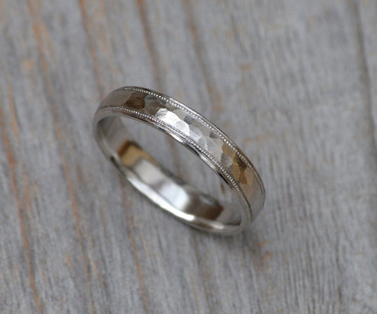 Platinum Wedding Band with Hammer Effect and Milgrain, Platinum Milgrain Wedding Ring, Platinum Wedding Ring, Rustic Wedding Band