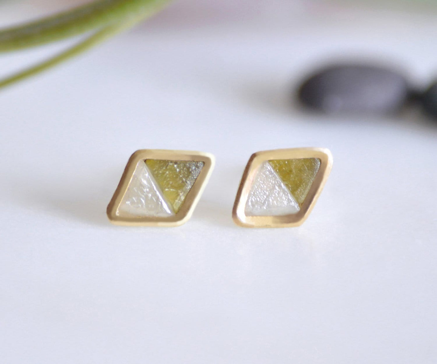Art Deco Rough Diamond Stud Earrings in 18k Yellow Gold, Rustic Diamond Ear Posts
