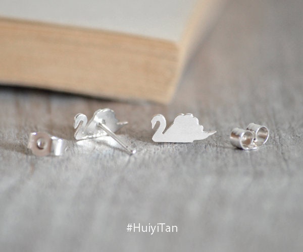 Swan Stud Earrings in Sterling Silver, Silver Swan Ear Studs
