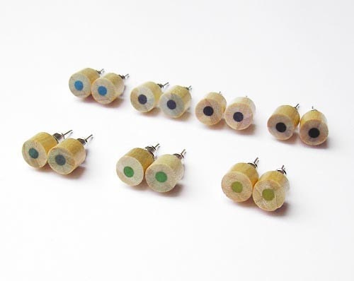 Colour Pencil Stud Earrings, Green Pencil Ear Posts, Blue Pencil Earring, Black Pencil Ear Posts, Wooden Pencil Earrings