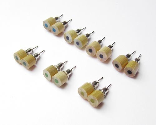 Colour Pencil Stud Earrings, Green Pencil Ear Posts, Blue Pencil Earring, Black Pencil Ear Posts, Wooden Pencil Earrings