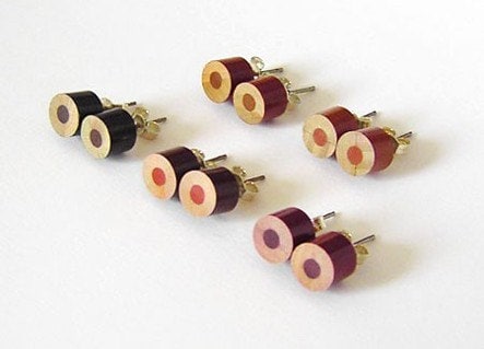 Colour Pencil Stud Earrings, Brown Stud Earrings, Wooden Ear Posts