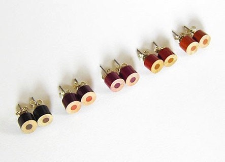 Colour Pencil Stud Earrings, Brown Stud Earrings, Wooden Ear Posts