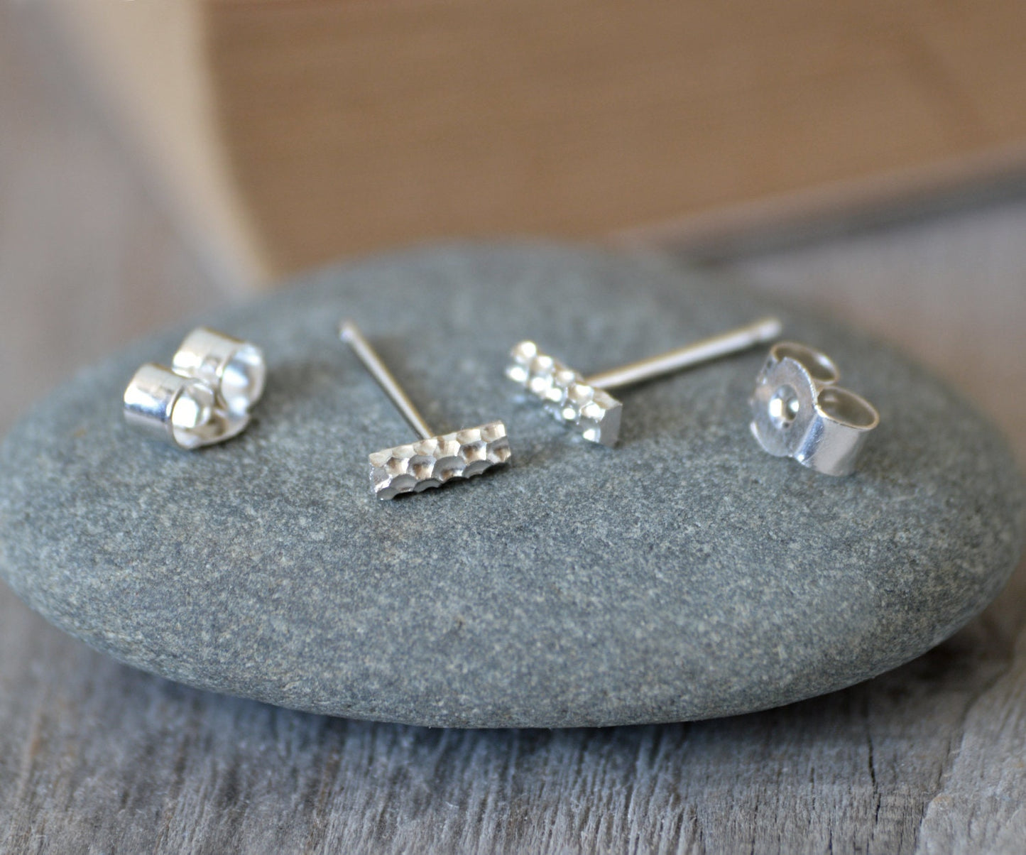 Textured Stick Stud Earrings, Short Bar Stud Earrings in Sterling Silver