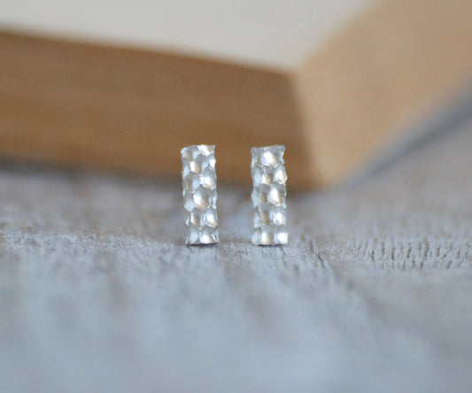 Textured Stick Stud Earrings, Short Bar Stud Earrings in Sterling Silver