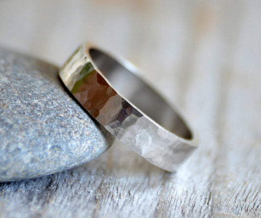 4mm Platinum Wedding Band, Hammered Effect Wedding Ring, Rustic Wedding Band