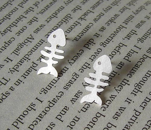 Fishbone Stud Earrings in Sterling Silver, Silver Fishbone Ear Posts