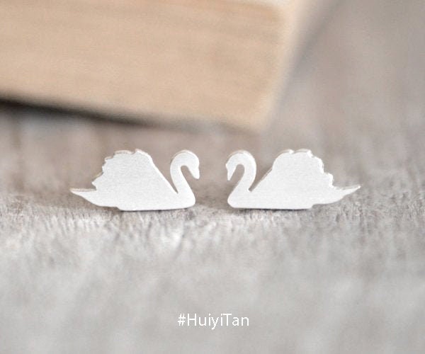 Swan Stud Earrings in Sterling Silver, Silver Swan Ear Studs
