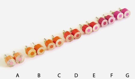 Colour Pencil Stud Earrings, Orange Stud Earrings, Red Stud Earrings, Wooden Pencil Ear Posts