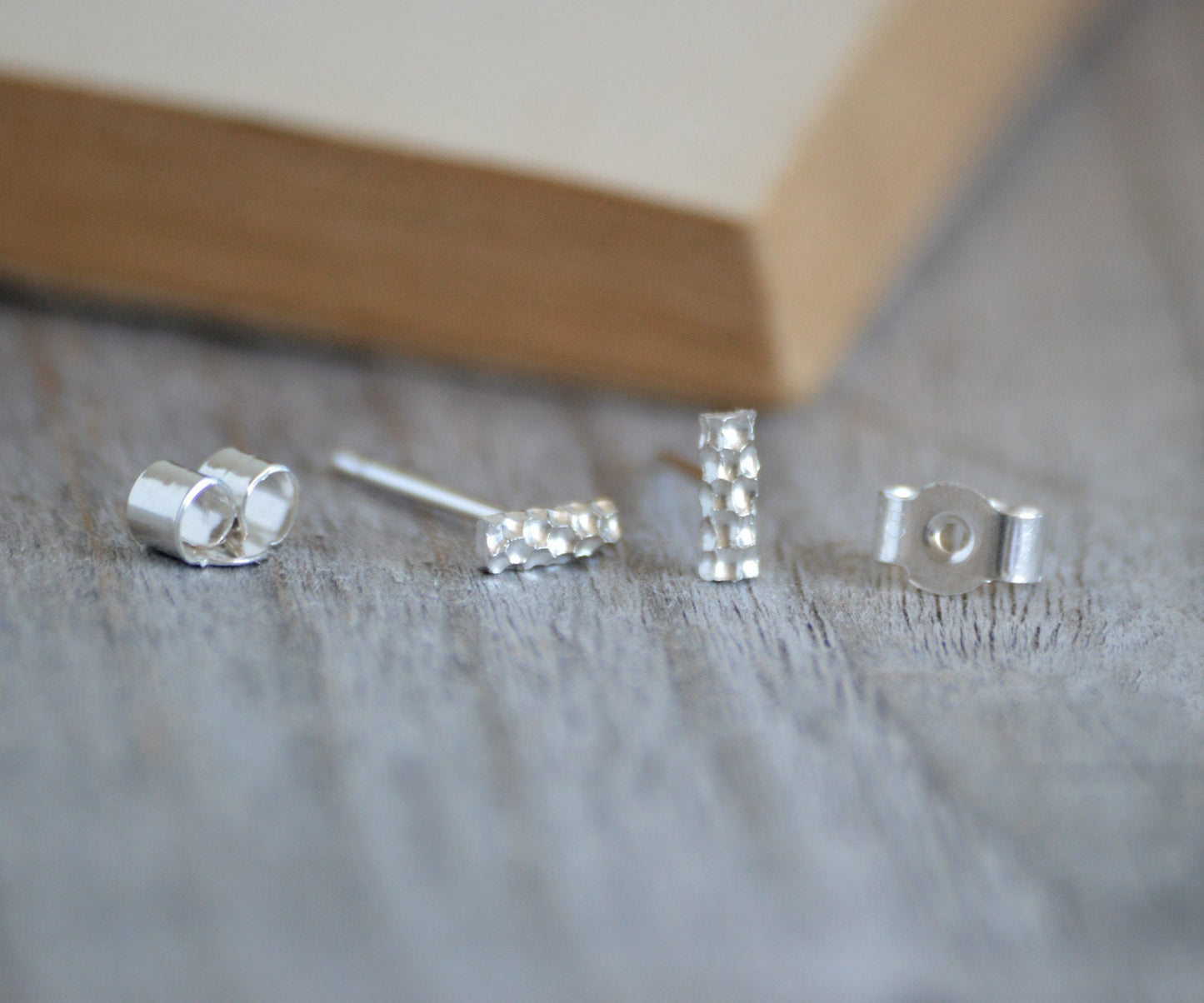 Textured Stick Stud Earrings, Short Bar Stud Earrings in Sterling Silver
