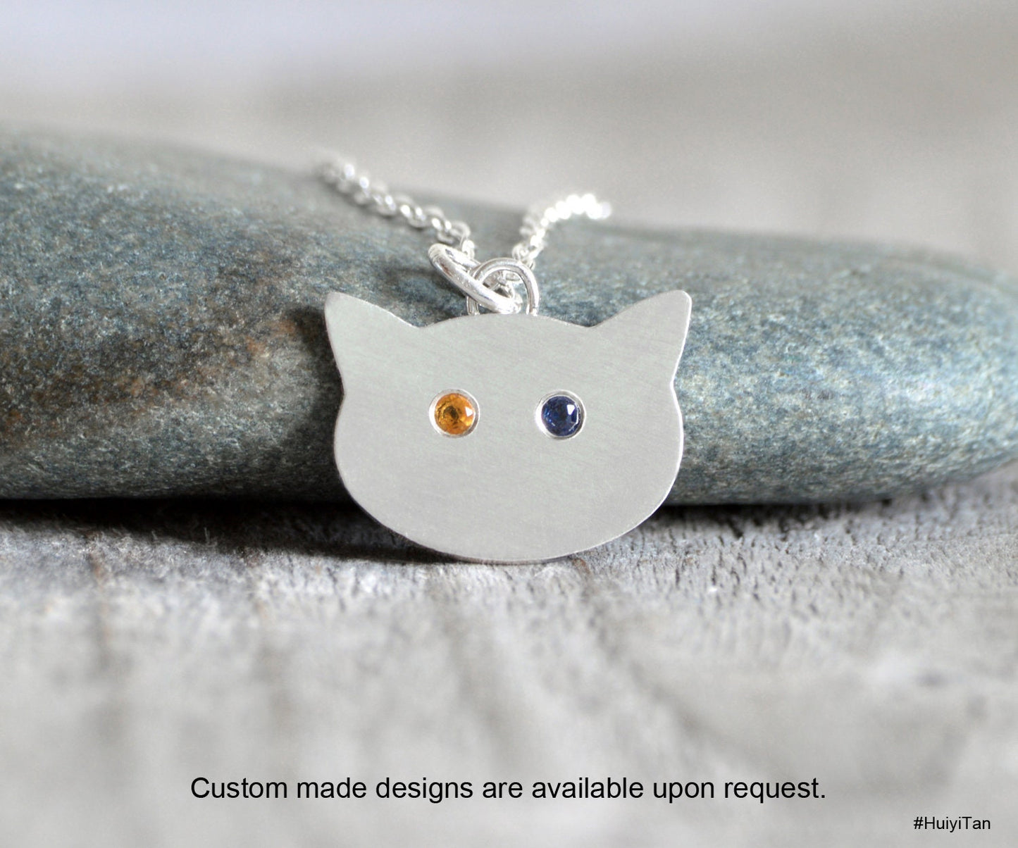 Cat Necklace with Diamond Eyes, Silver Cat Necklace with Diamond Eyes