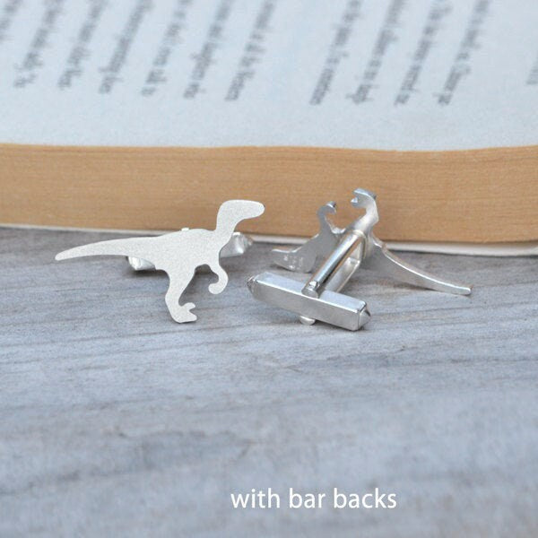 Velociraptor Cufflinks in Sterling Silver, Personalized Dinosaur Cufflinks