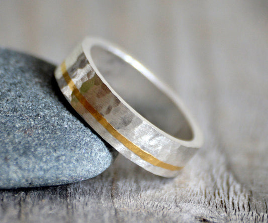 Hammered Effect Wedding Band with 24K Gold Inlay, Rustic Wedding Band with 24K Gold Inlay, 5mm Wedding Ring