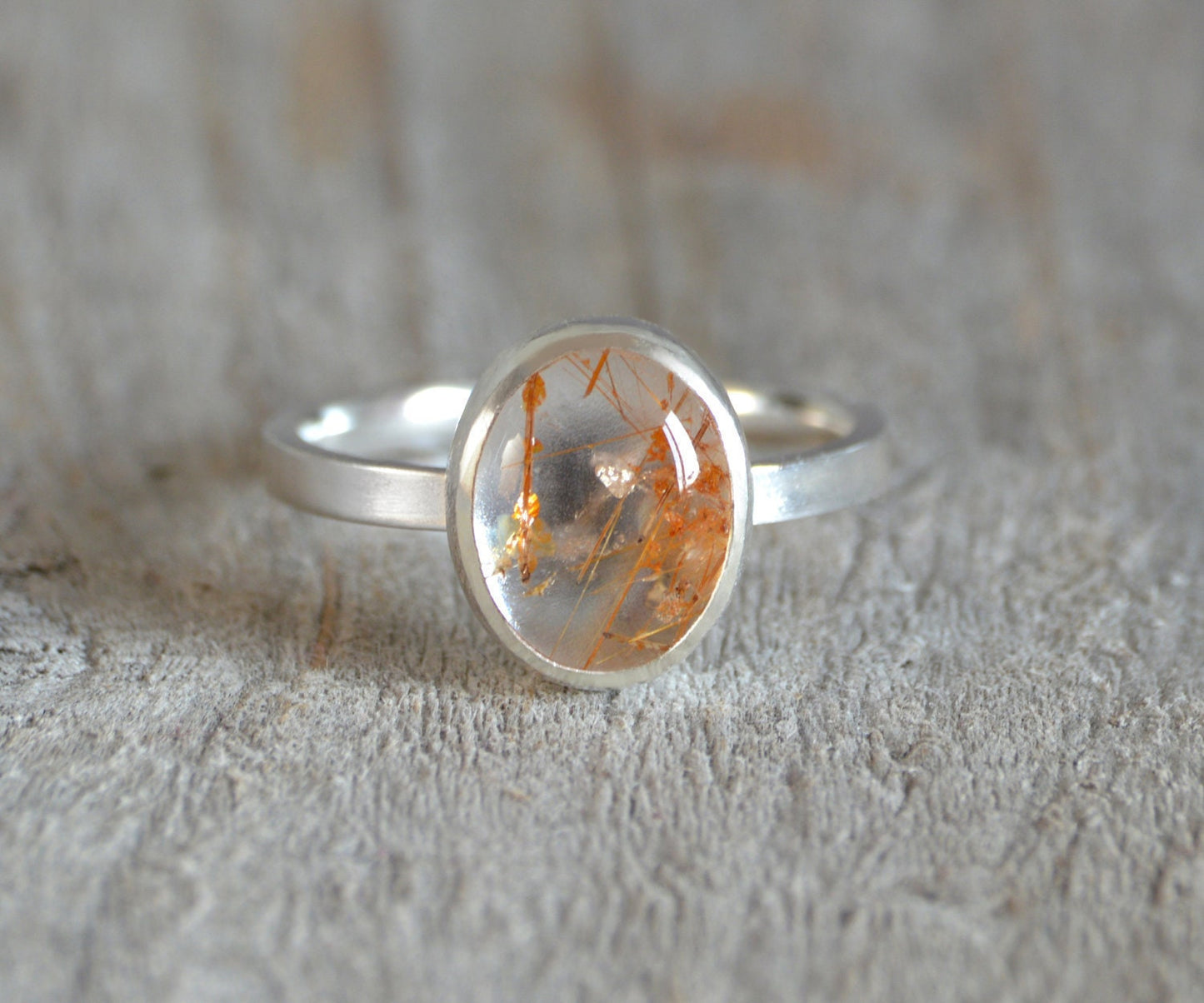 2.55ct Rutilated Quartz Ring in Sterling Silver, Oval Rutile Quartz Ring