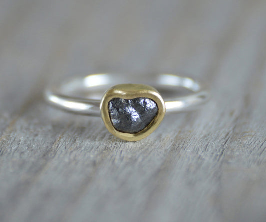 Black Diamond Engagement Ring in 18ct Yellow Gold and Sterling Silver, 2 Tone Diamond Ring