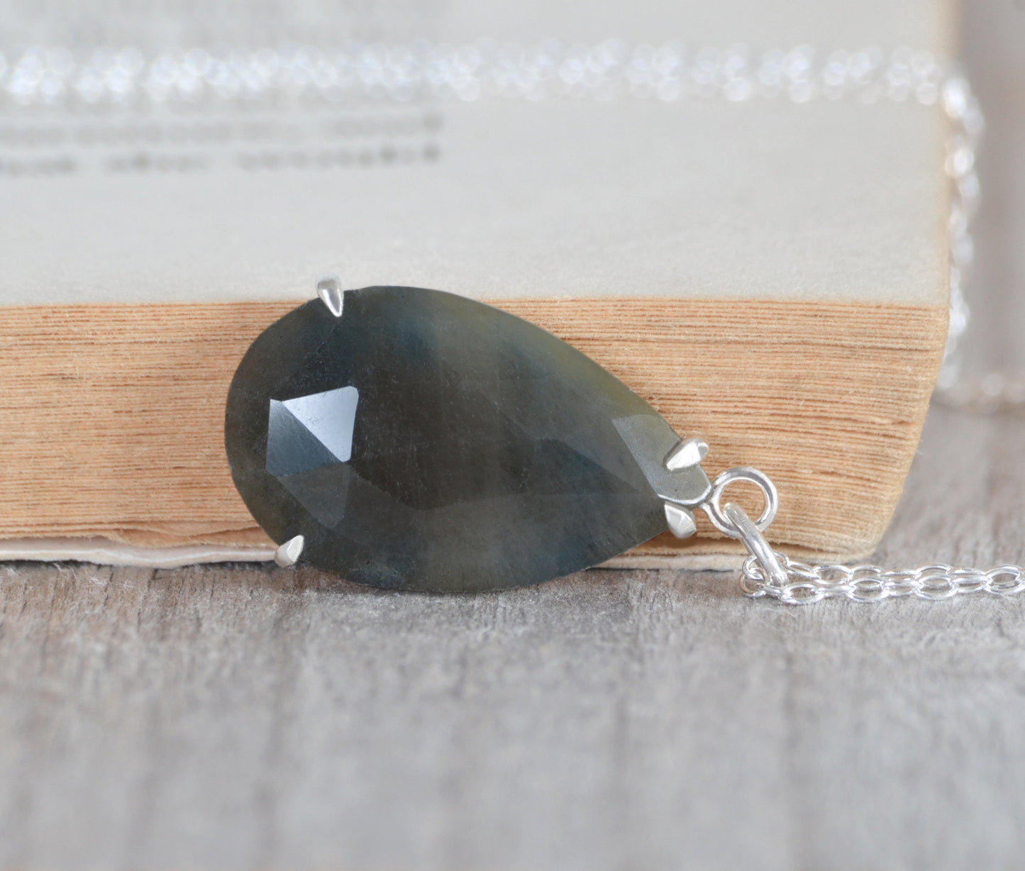 Teardrop Sapphire Necklace in Sterling Silver, Prong Set Sapphire Necklace, 6.9ct Sapphire Necklace