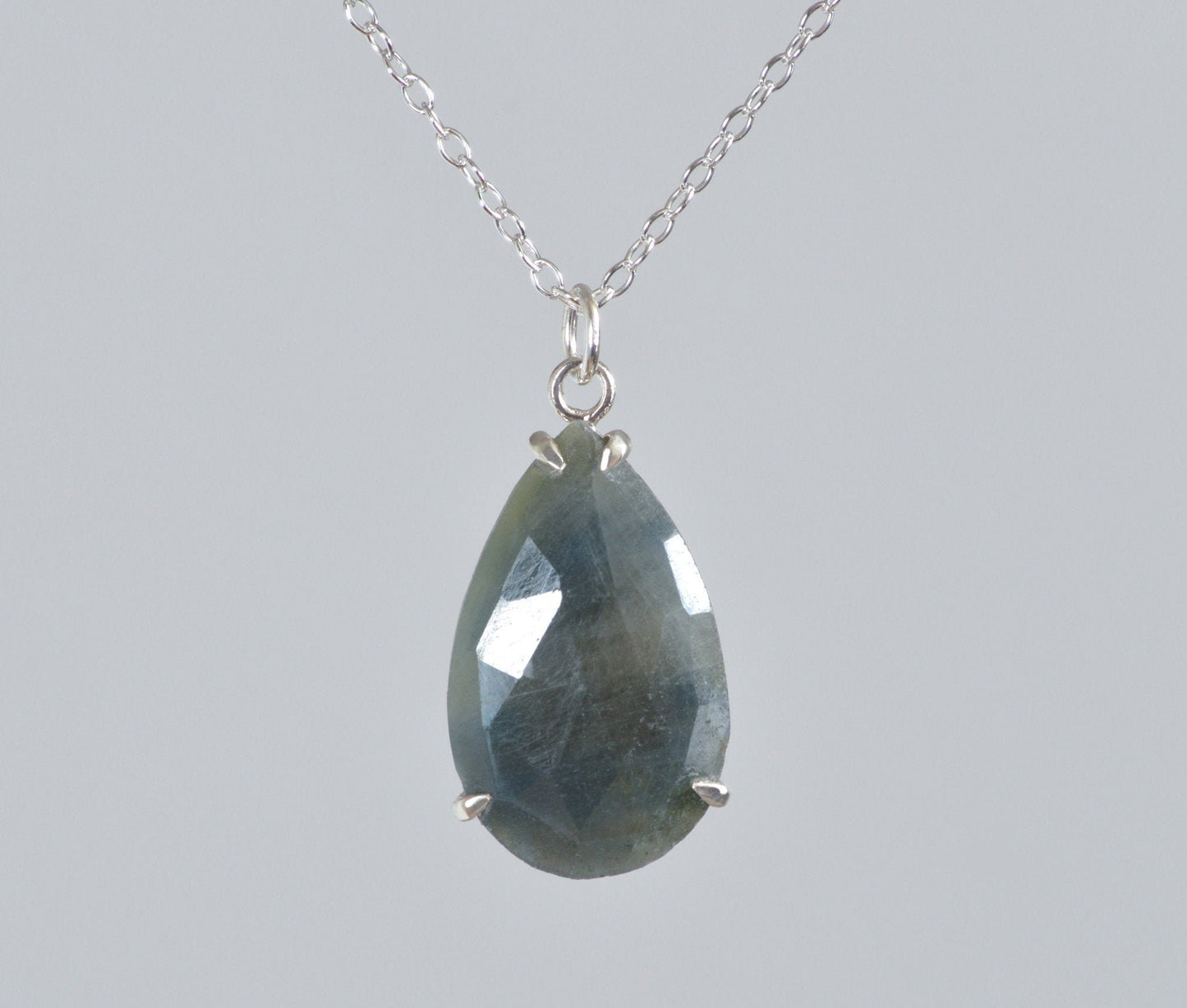 Teardrop Sapphire Necklace in Sterling Silver, Prong Set Sapphire Necklace, 6.9ct Sapphire Necklace