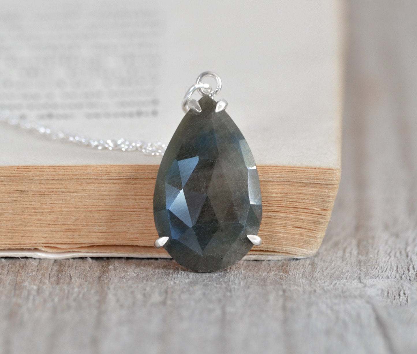 Teardrop Sapphire Necklace in Sterling Silver, Prong Set Sapphire Necklace, 6.9ct Sapphire Necklace