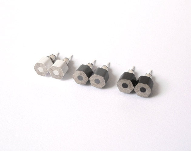 Colour Pencil Stud Earrings, Hexagon Pencil Ear Posts, Black Pencil Ear Stud, White Pencil Earring, Grey Pencil Stud