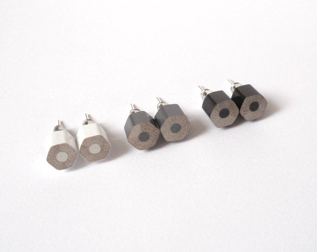 Colour Pencil Stud Earrings, Hexagon Pencil Ear Posts, Black Pencil Ear Stud, White Pencil Earring, Grey Pencil Stud