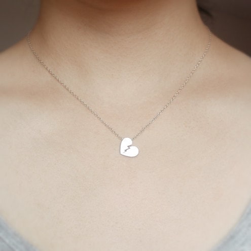 Broken Heart Necklace in Sterling Silver, Personalized Heart Shape Necklace