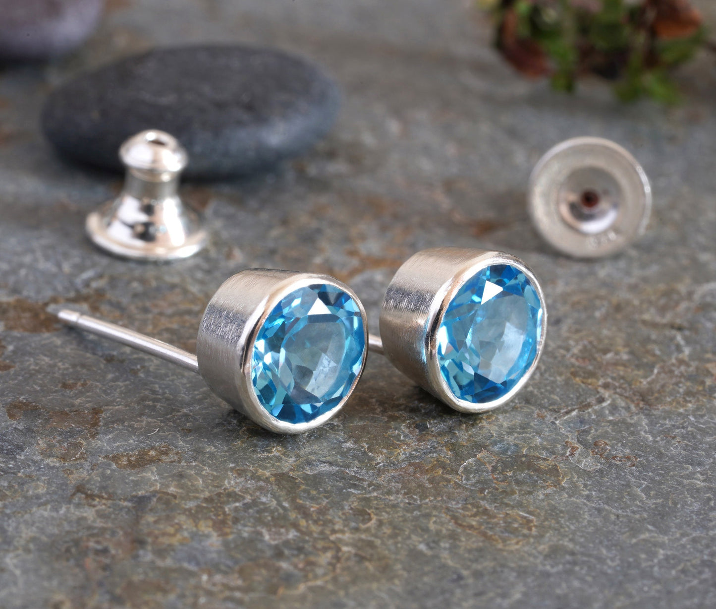 8mm Topaz Stud Earrings, Blue Topaz Ear Posts, Large Topaz Earrings
