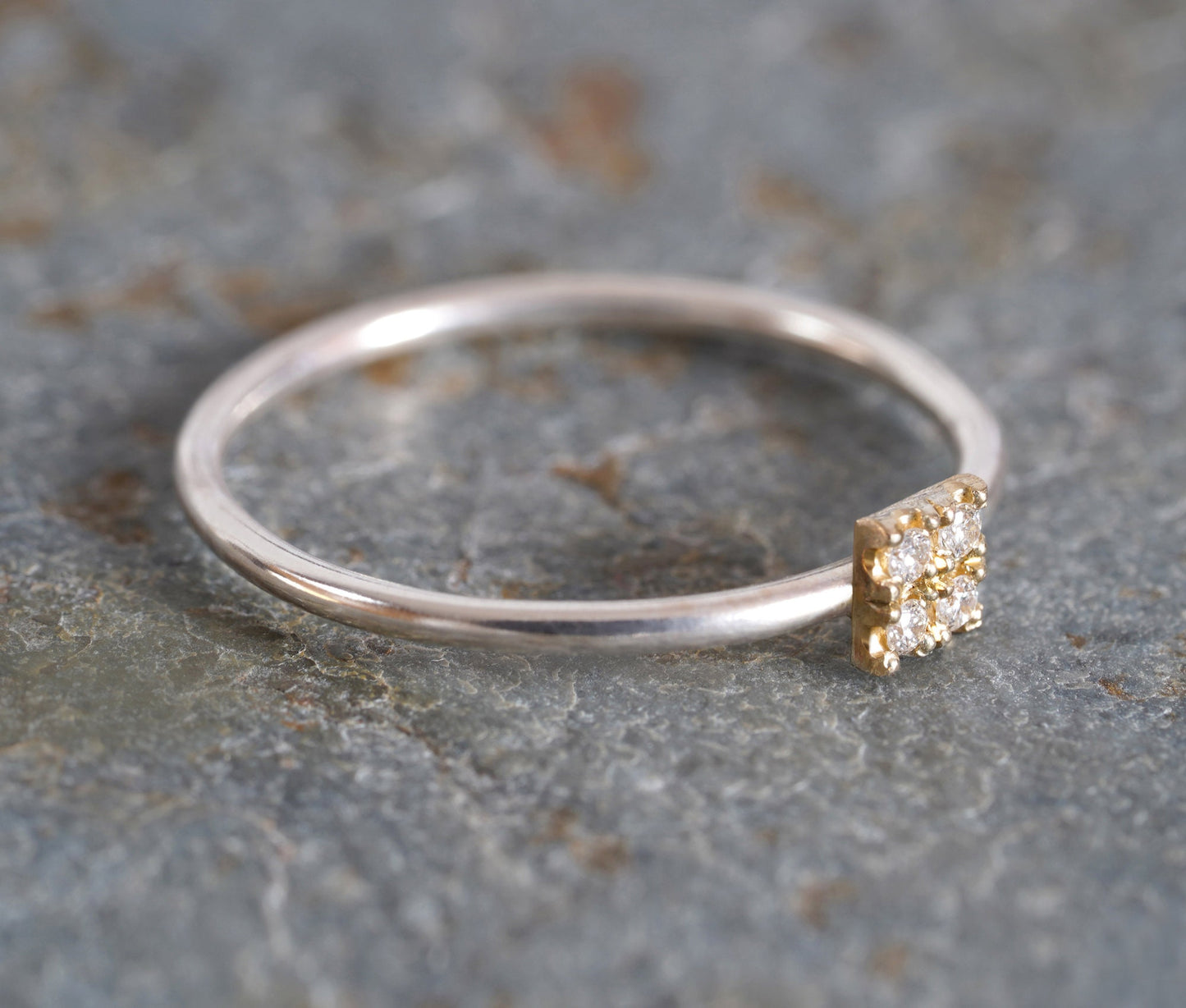 4 Diamonds Engagement Ring, Pave Diamond Engagement Ring, Square Diamond Ring, Mixed Metal Diamond Ring