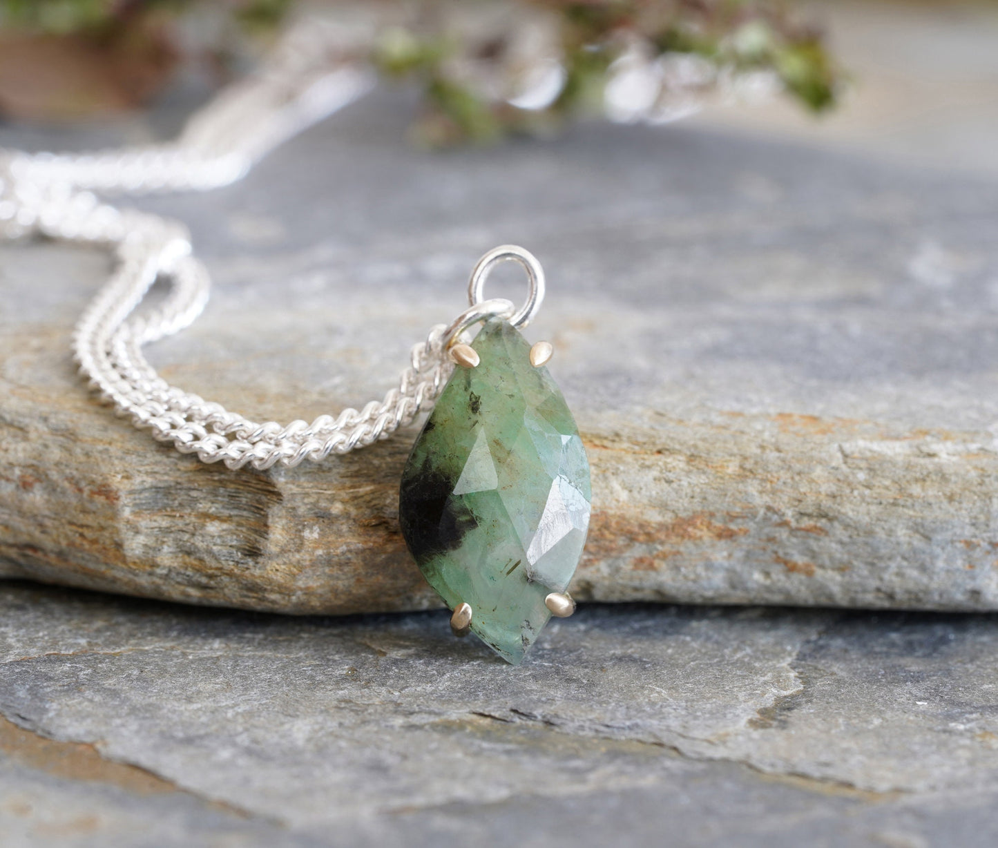 Leaf Shape Emerald Necklace, 3.65ct Emerald Necklace, May Birthstone Necklace