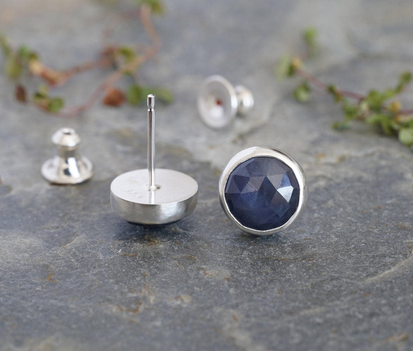 Sapphire Stud Earrings in Midnight Blue, 9mm Sapphire Ear Posts, Rose Cut Sapphire Earrings