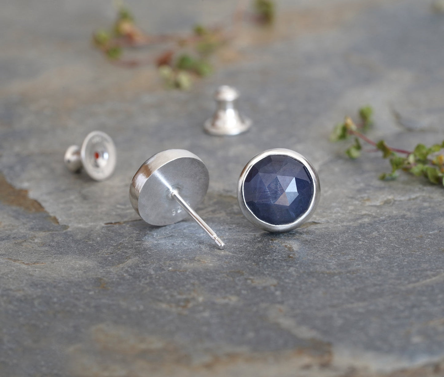 Sapphire Stud Earrings in Midnight Blue, 9mm Sapphire Ear Posts, Rose Cut Sapphire Earrings