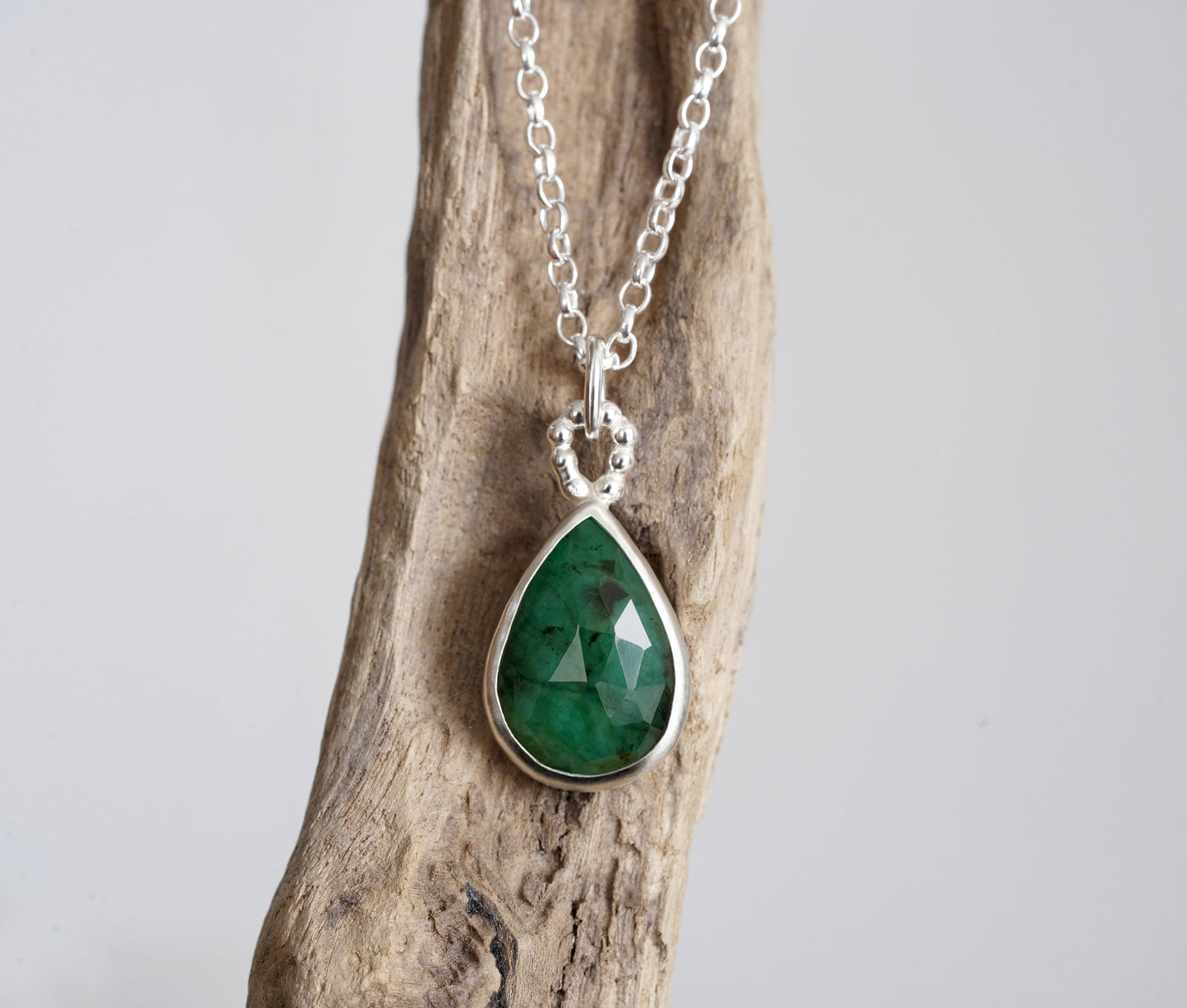 Rose Cut Emerald Necklace, Raindrop Emerald Necklace, May Birthstone Necklace