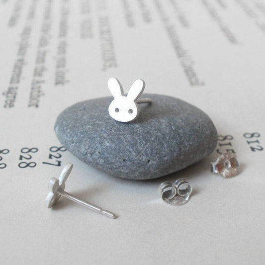 Bunny Stud Earrings with Straight Ears, Silver Rabbit Ear Posts
