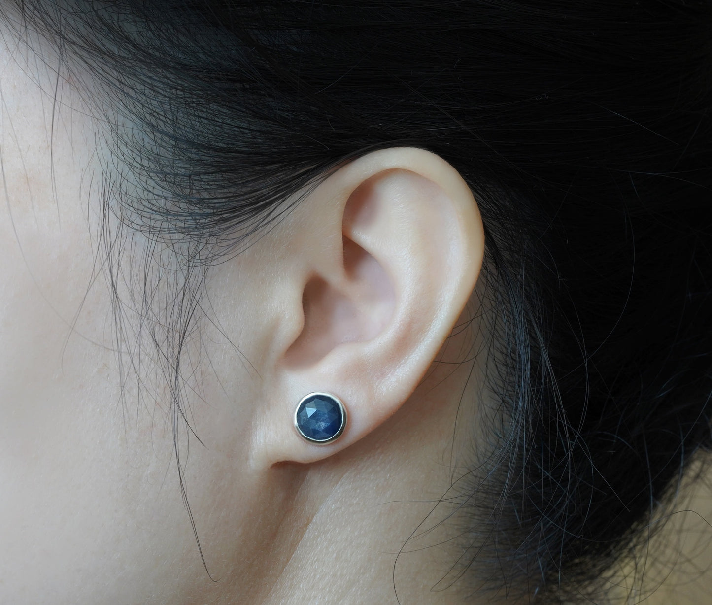 Sapphire Stud Earrings in Midnight Blue, 9mm Sapphire Ear Posts, Rose Cut Sapphire Earrings