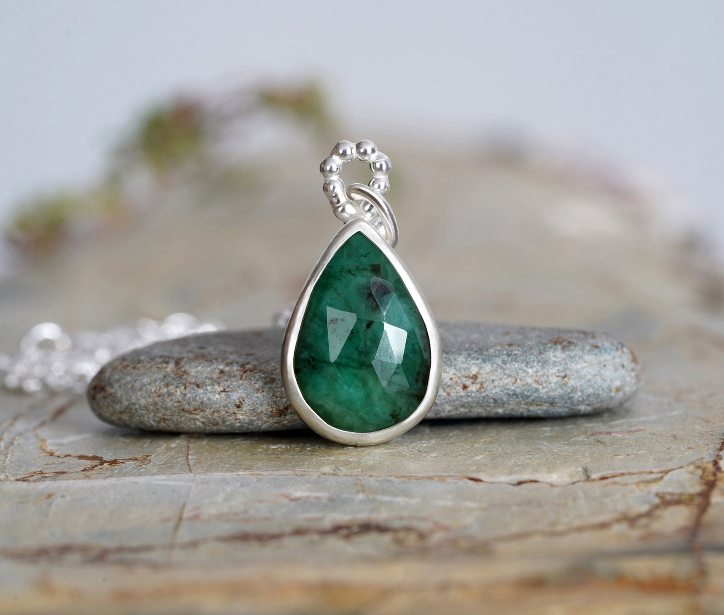 Rose Cut Emerald Necklace, Raindrop Emerald Necklace, May Birthstone Necklace