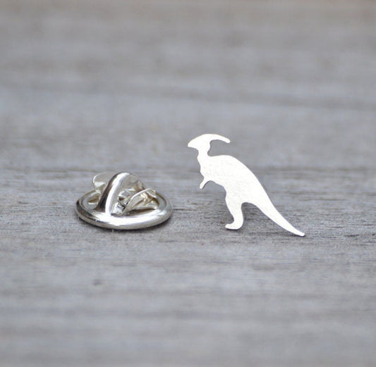 Parasaurolophus Dinosaur Lapel Pin in Sterling Silver, Silver Dinosaur Pin