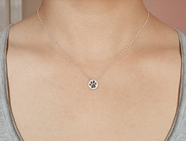 Pawprint Necklace in Oxidized Sterling Silver, Silver Paw Print Necklace