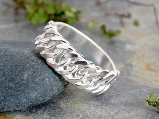 Curb Chain Ring in Sterling Silver, 7mm Wide Chain Ring, UK size L (US size 5.75)