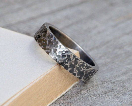 Textured Wedding Band, Oxidised Rustic Wedding Ring, 5.5mm Wedding Band, Unisex Wedding Ring