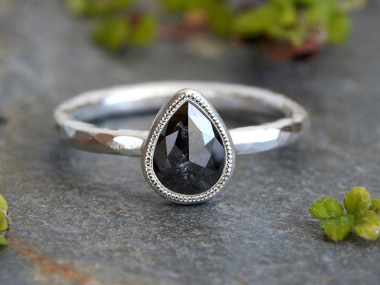 0.85ct Black Diamond Ring, Rose Cut Diamond Engagement Ring, Small Diamond Ring