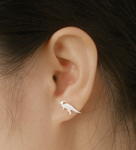 Parasaurolophus Stud Earrings in Sterling Silver, Silver Dinosaur Ear Posts