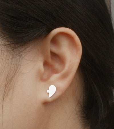 Puzzle Heart Shape Ear Posts in Sterling Silver, Silver Jigsaw Puzzle Stud Earrings