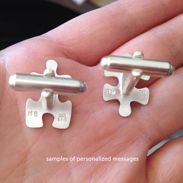 Jigsaw Puzzle Cufflinks in Sterling Silver, Jigsaw Puzzle Cufflinks with Personalized Message