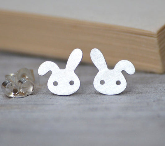 Bunny Stud Earrings with Floppy Ear, Rabbit Ear Posts, Silver Rabbit Earring