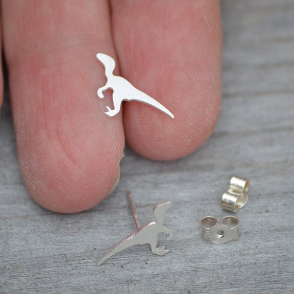 Velociraptor Stud Earrings, Dinosaur Stud Earrings in Sterling Silver, Silver Dinosaur Ear Posts