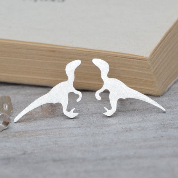 Velociraptor Stud Earrings, Dinosaur Stud Earrings in Sterling Silver, Silver Dinosaur Ear Posts