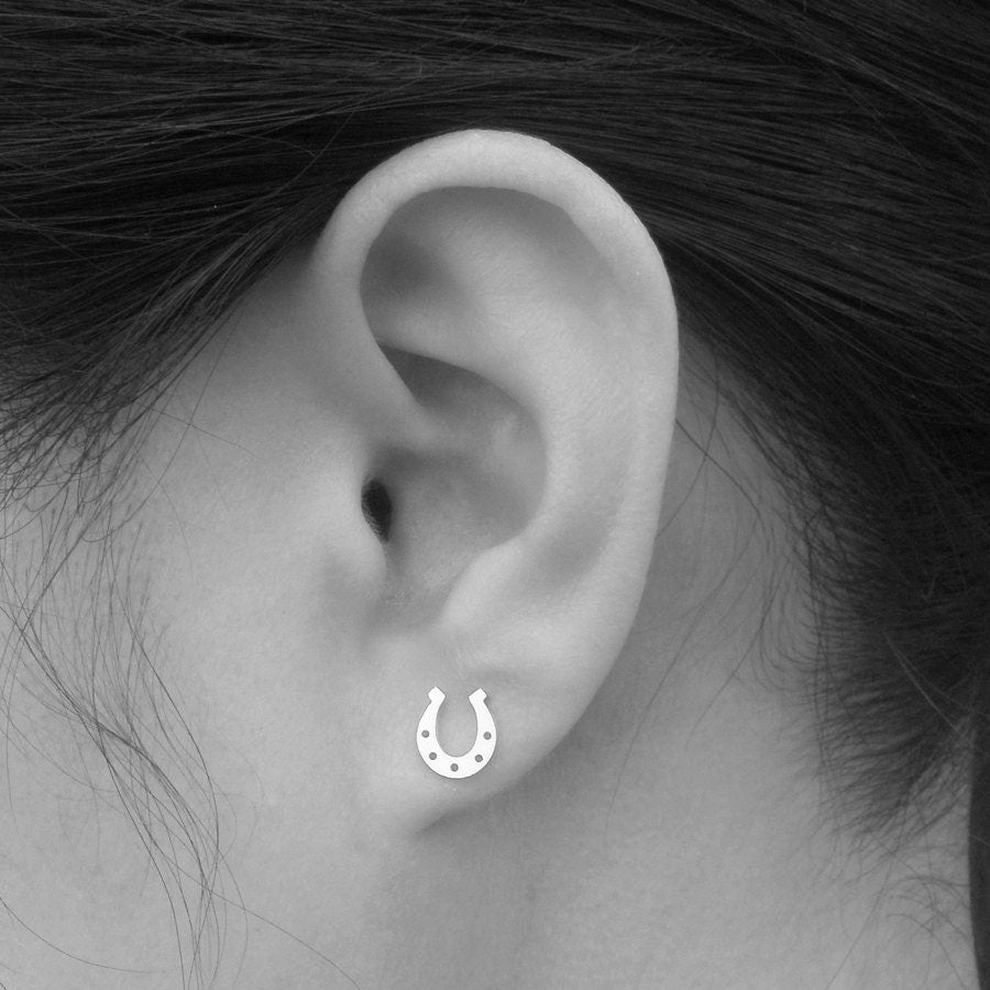 Lucky Horseshoes Stud Earrings in Sterling Silver, Silver Horseshoe Ear Studs