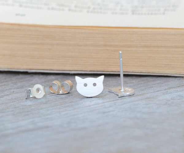 Cat Stud Earrings in Sterling Silver, Silver Kitten Ear Studs