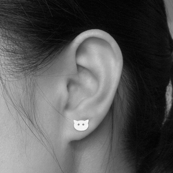 Cat Stud Earrings in Sterling Silver, Silver Kitten Ear Studs